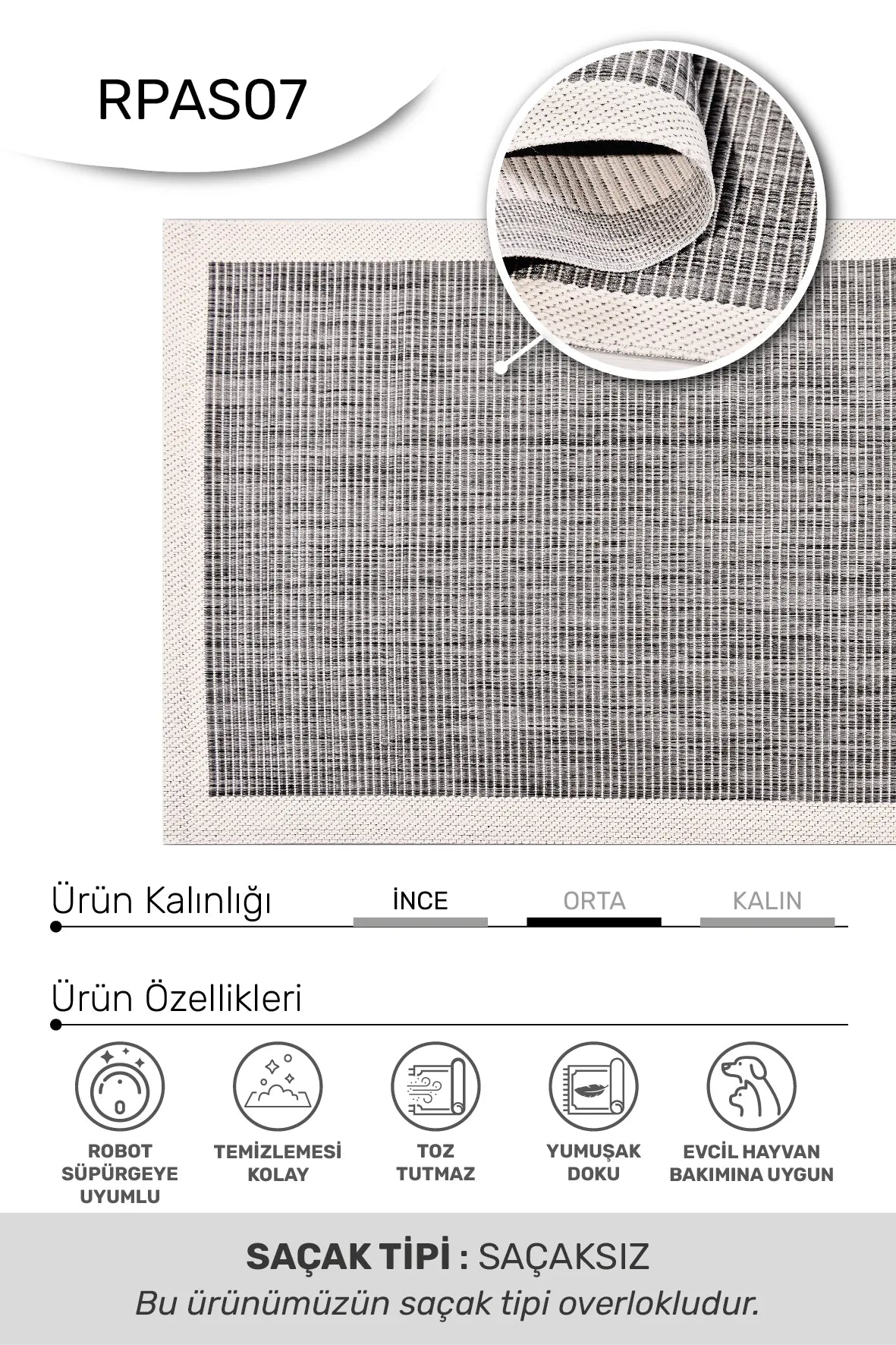 Kaelo Gri Beyaz Modern Geometrik Kabartmalı Sisal Halı – detay görünümü