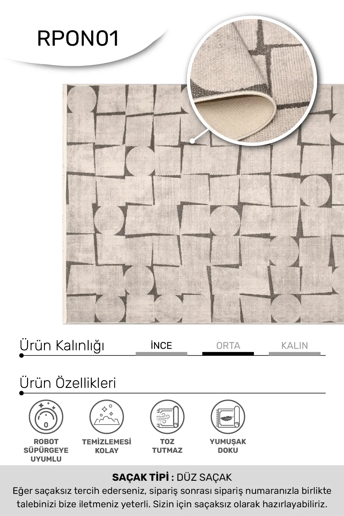 Orvan Gri Beyaz Geometrik Desenli Modern Salon Halısı – kenar detayı