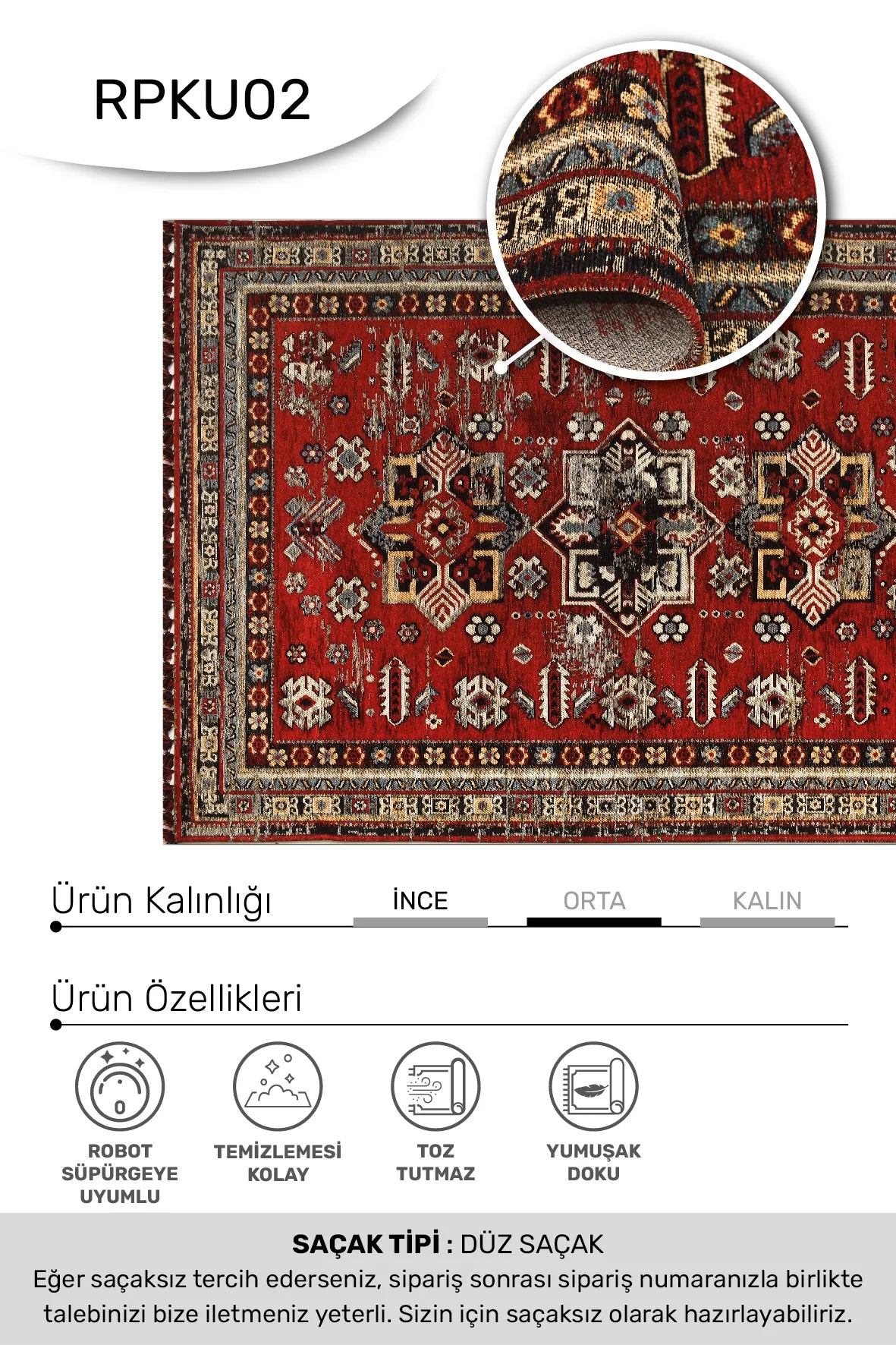 Torgin Kırmızı Lacivert Etnik Geometrik Desenli Makine Halısı – kenar detayı
