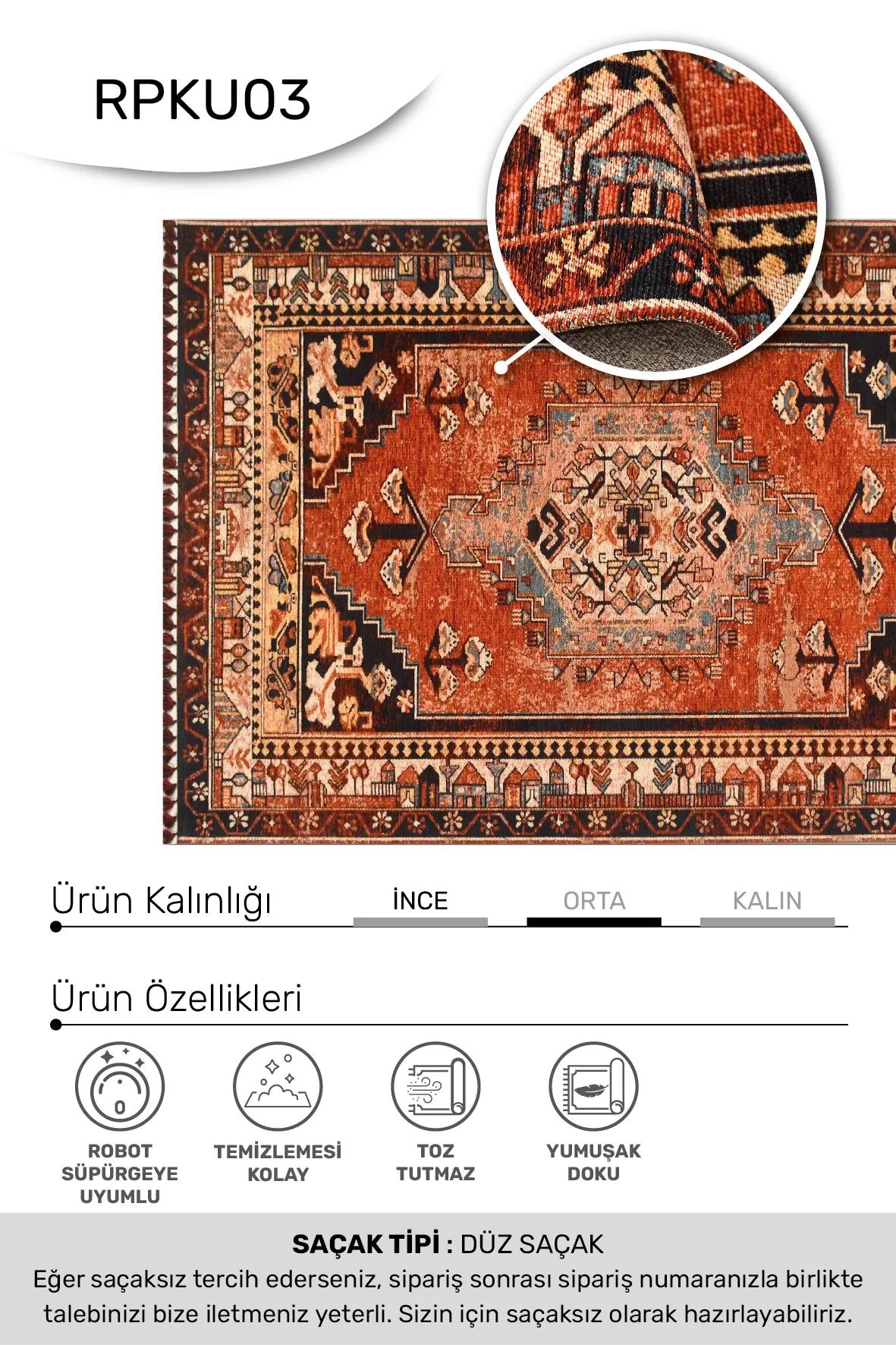 Torgin Etnik Stil Turuncu Lacivert Geometrik Kilim – kenar detayı
