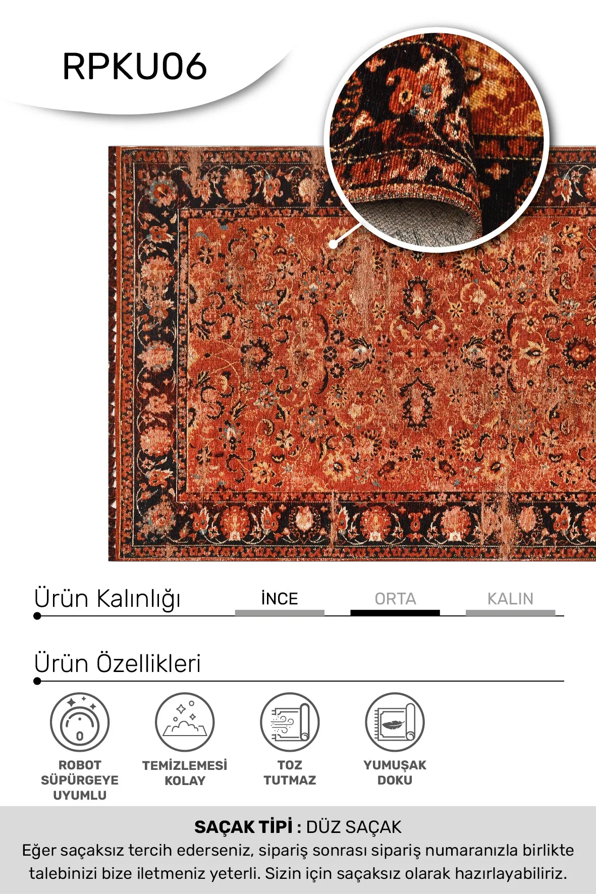 Torgin Turuncu Siyah Etnik Desenli Makine Halısı – kenar detayı