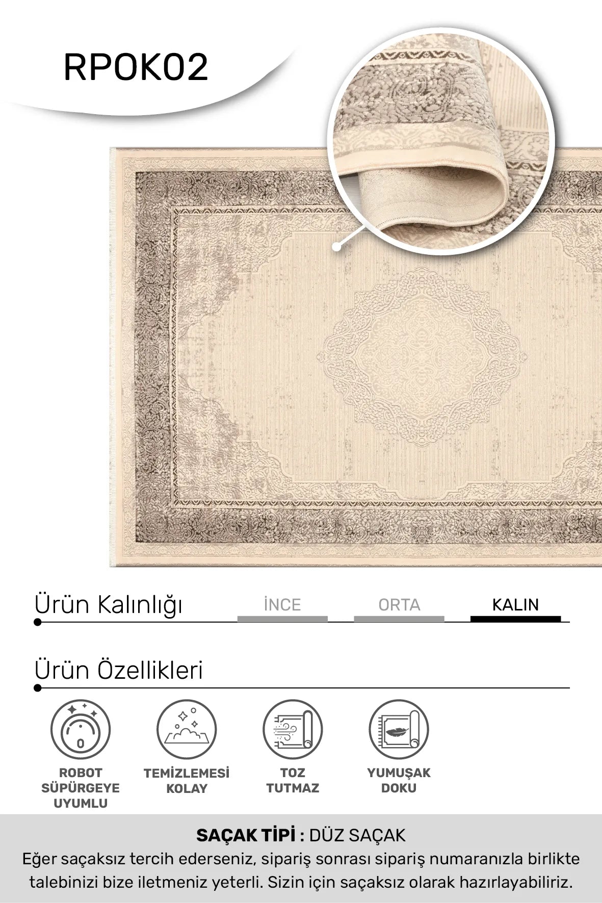 Blevra Bej Gri Madalyon Desenli Klasik Salon Halısı – kenar detayı