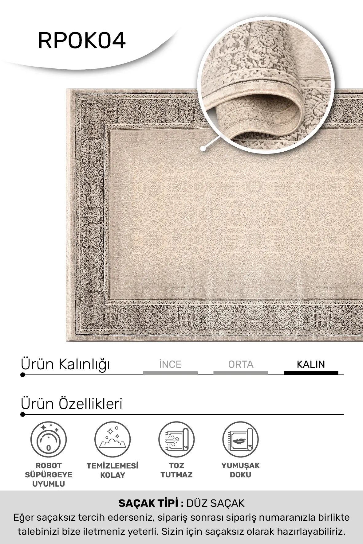Blevra Bej Gri Çiçek Desenli Klasik Makine Halısı – kenar detayı