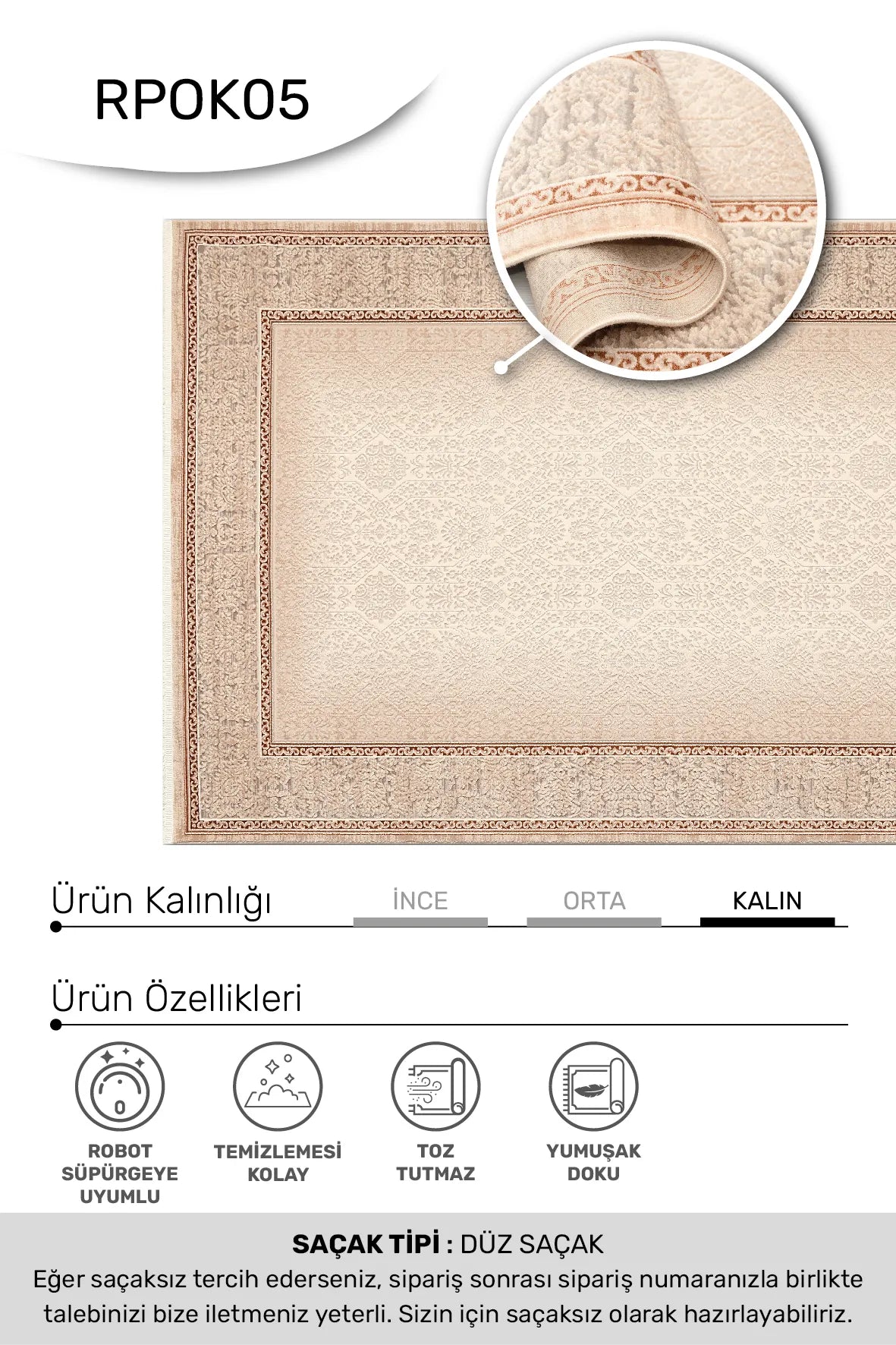 Blevra Krem Taba Klasik Kabartmalı Salon Halısı – kenar detayı