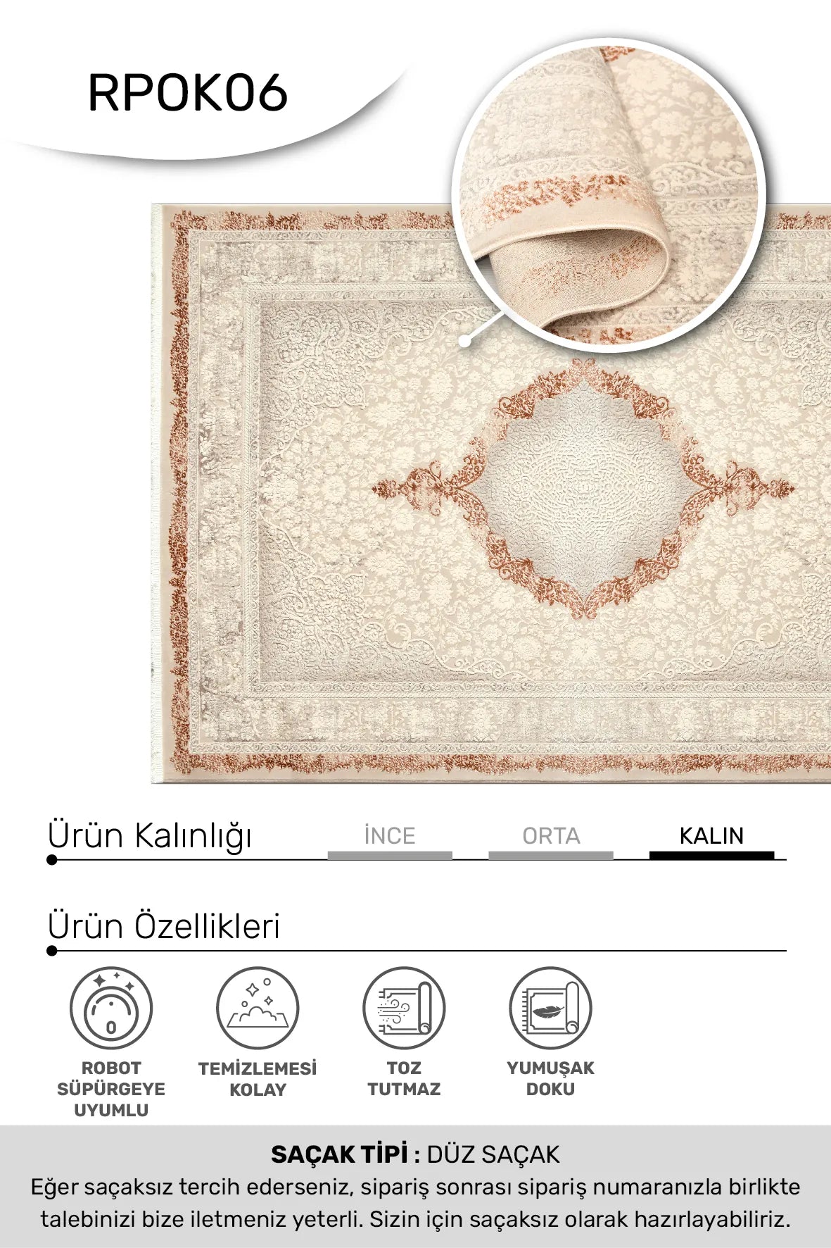 Blevra Bej Bakır Çiçek Desenli Klasik Salon Halısı – kenar detayı