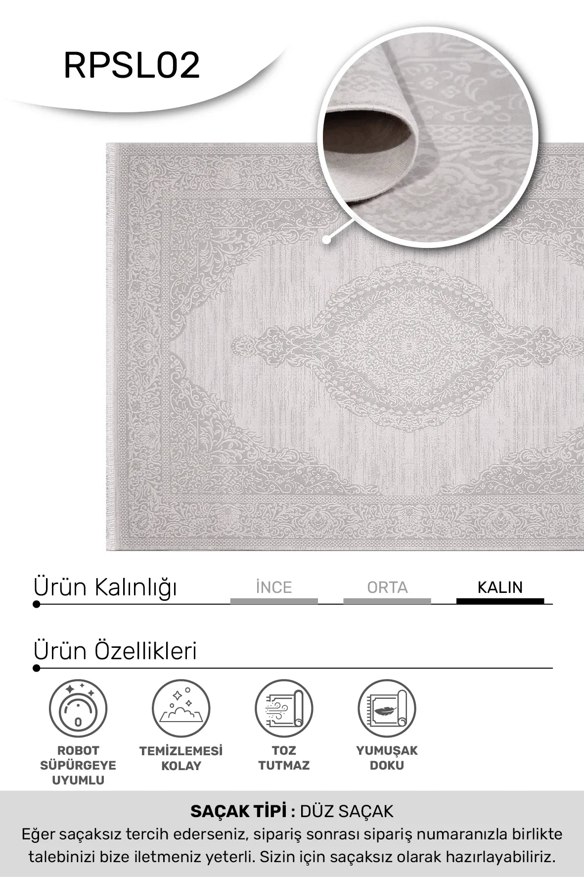 Luvora Beyaz Gri Madalyon Desenli Klasik Salon Halısı – kenar detayı