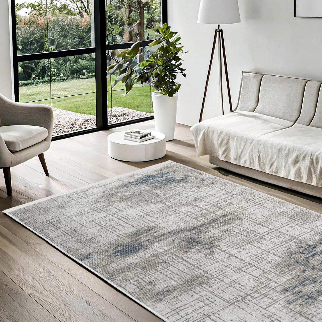 Beyaz Gri Dokulu Minimalist Halı - Yıkanabilir - Kaymaz Taban - Pati Dostu