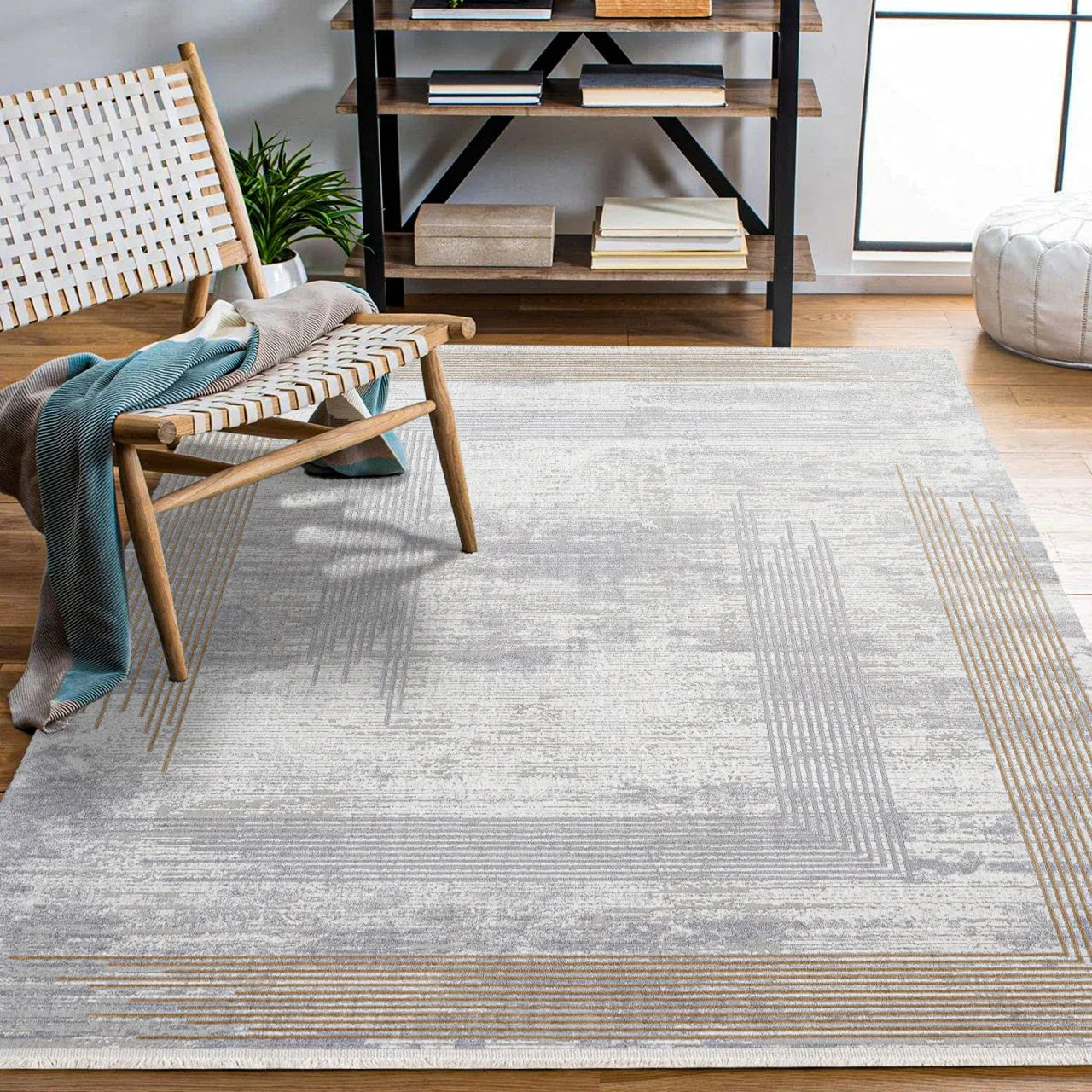 Beyaz Gri Dokulu Minimalist Halı - Yıkanabilir - Kaymaz Taban - Pati Dostu