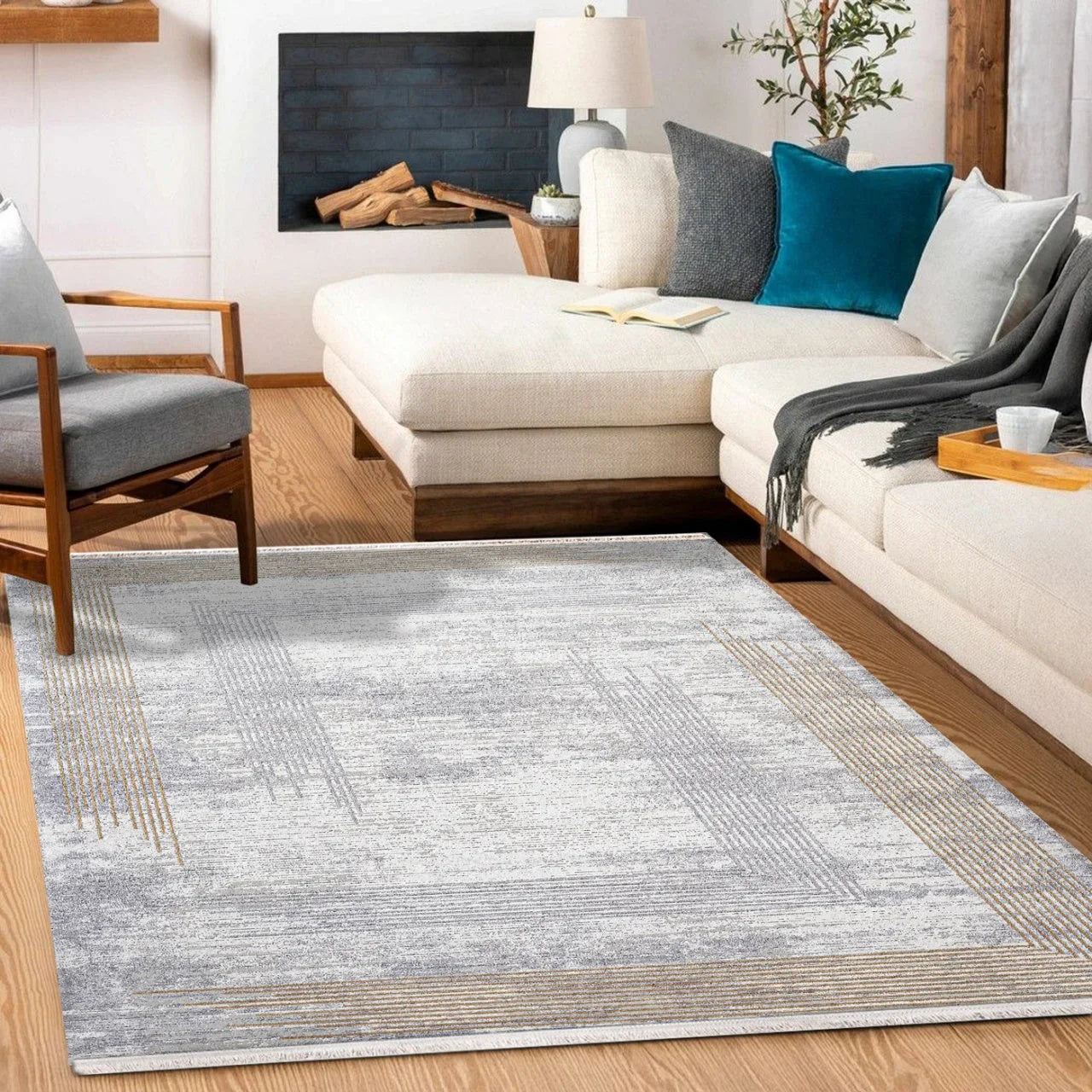 Beyaz Gri Dokulu Minimalist Halı - Yıkanabilir - Kaymaz Taban - Pati Dostu