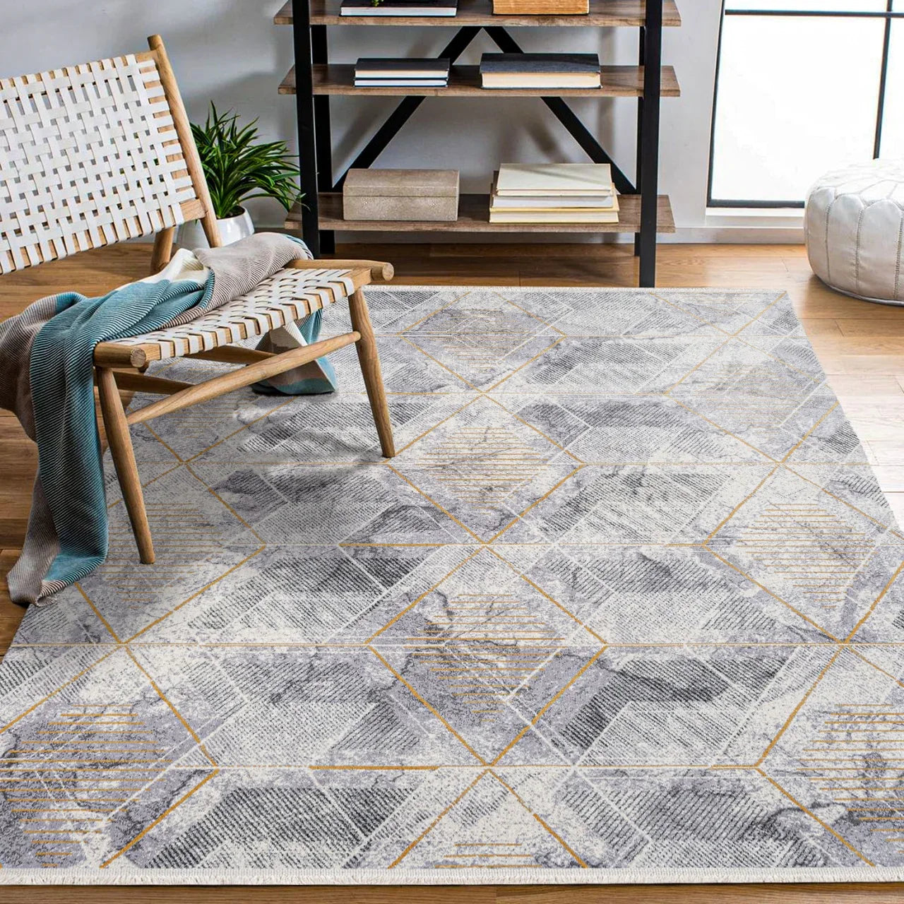 Bej Gri Geometrik Modern Triko Halı - Pati Dostu - Toz Vermez