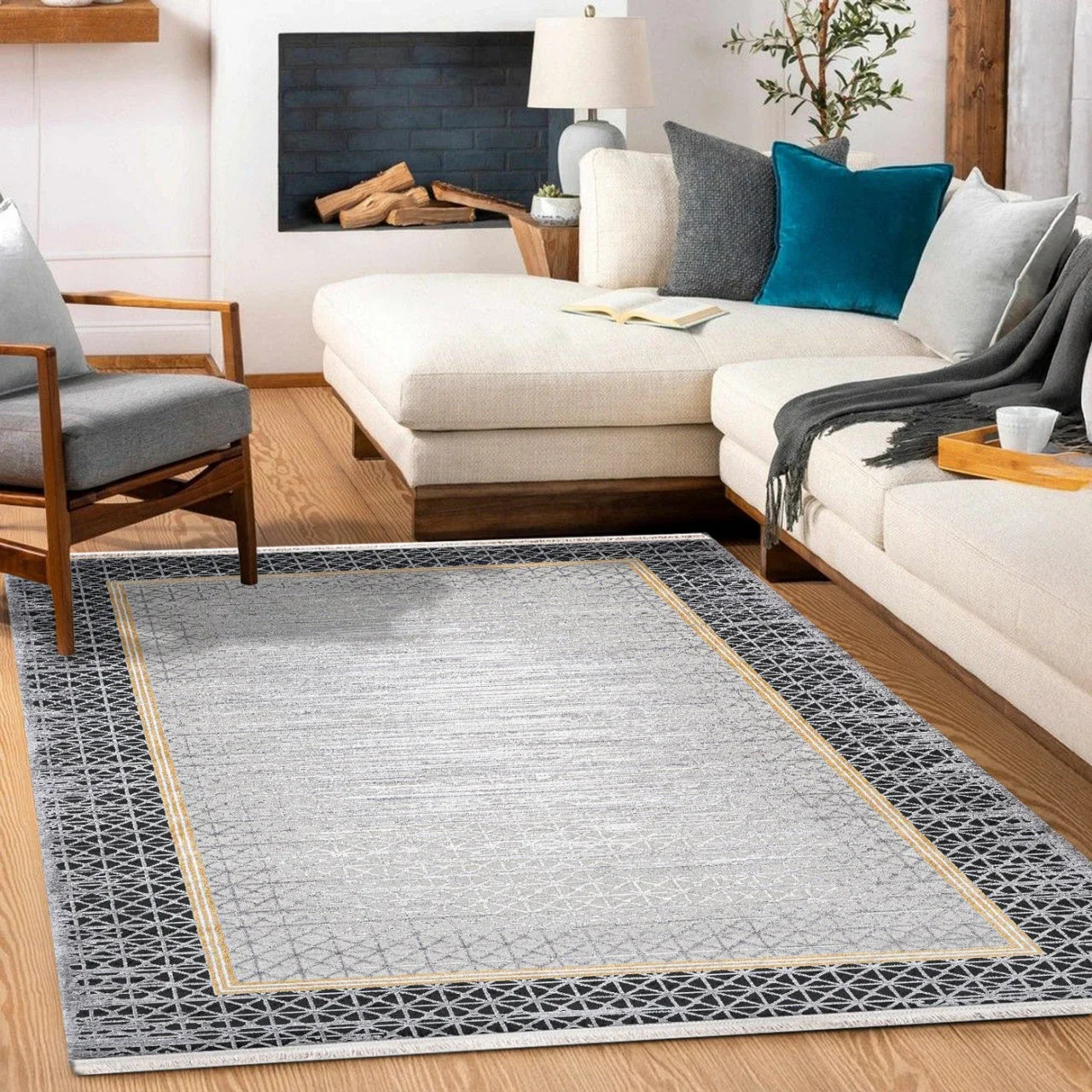 Antrasit Gold Bordürlü Minimalist Halı - Yıkanabilir - Kaymaz Taban - Pati Dostu