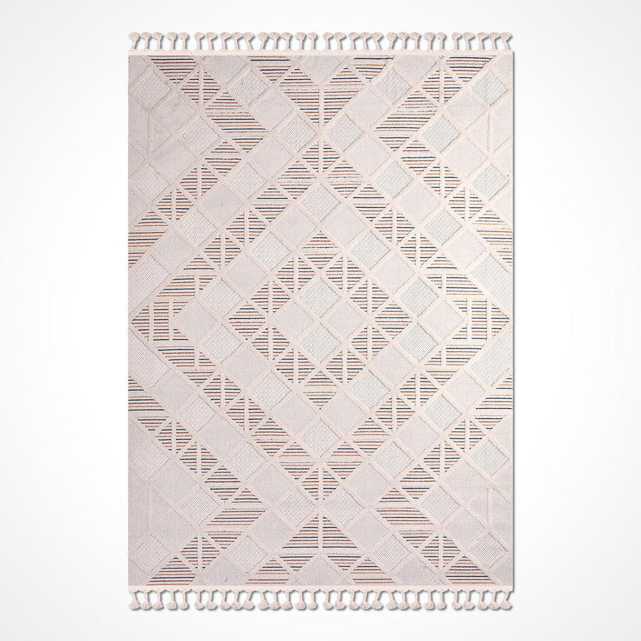 Krem Baklava Desenli Dokulu Triko Halı - Pati Dostu - Toz Vermez