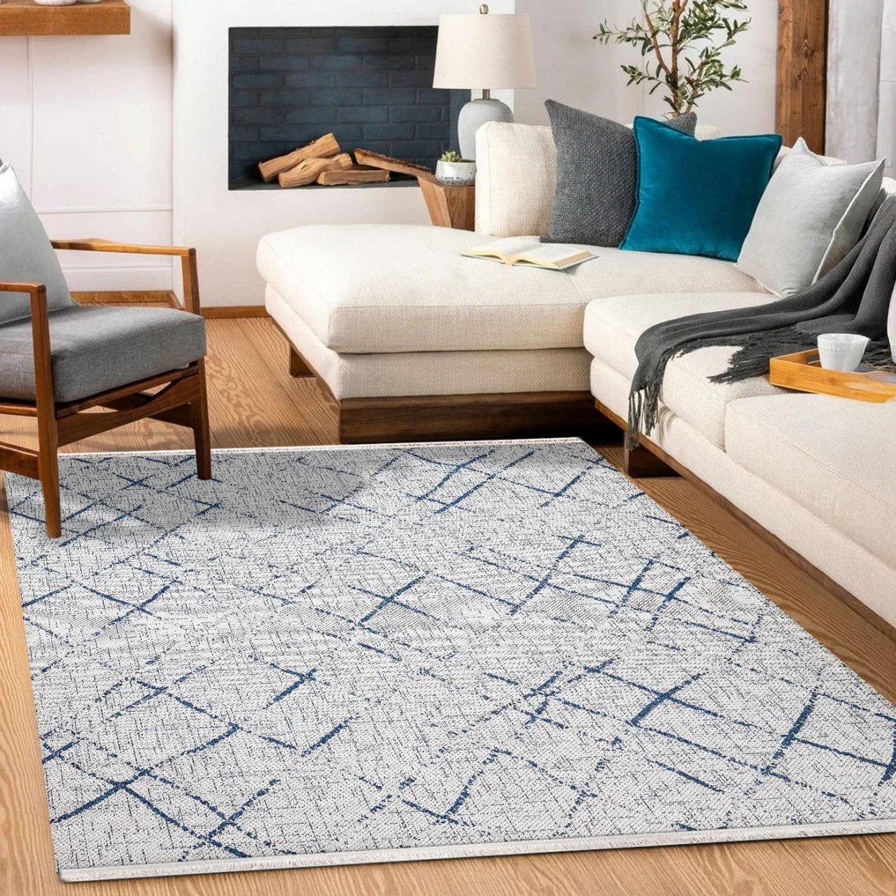 Beyaz Mavi Dokulu Minimalist Halı - Yıkanabilir - Kaymaz Taban - Pati Dostu