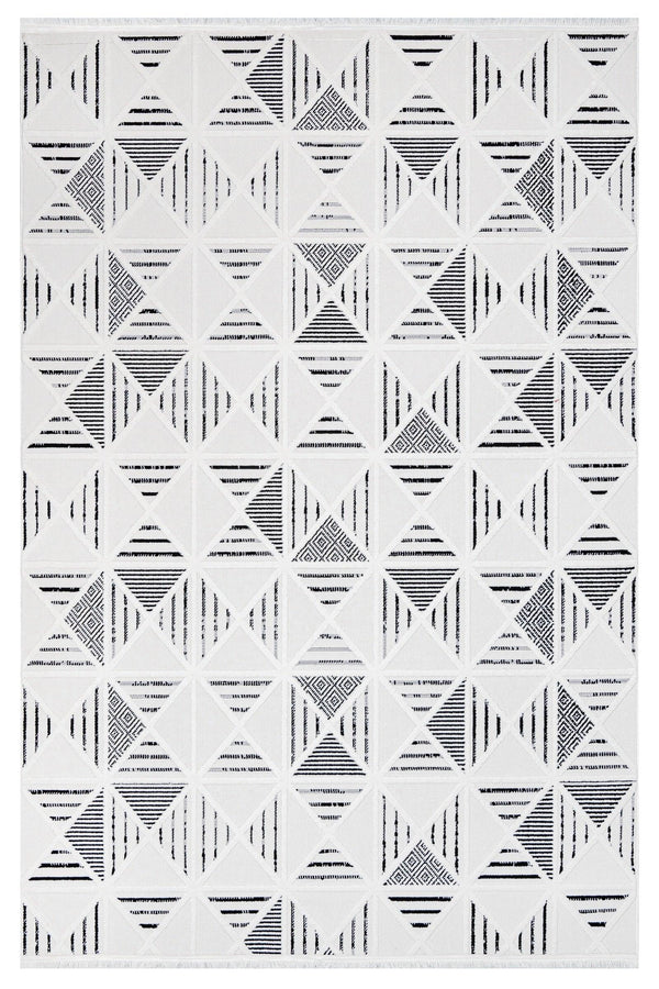 Beyaz Gri Dokulu Geometrik Triko Halı - Pati Dostu - Toz Vermez