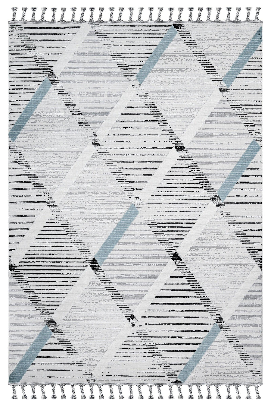 Weißer Teppich mit grauem & blauem geometrischem Muster – im Flur
