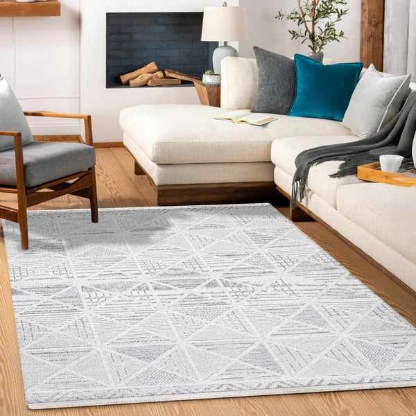 Beyaz Gri Geometrik Kareli Halı - Yıkanabilir - Kaymaz Taban - Pati Dostu