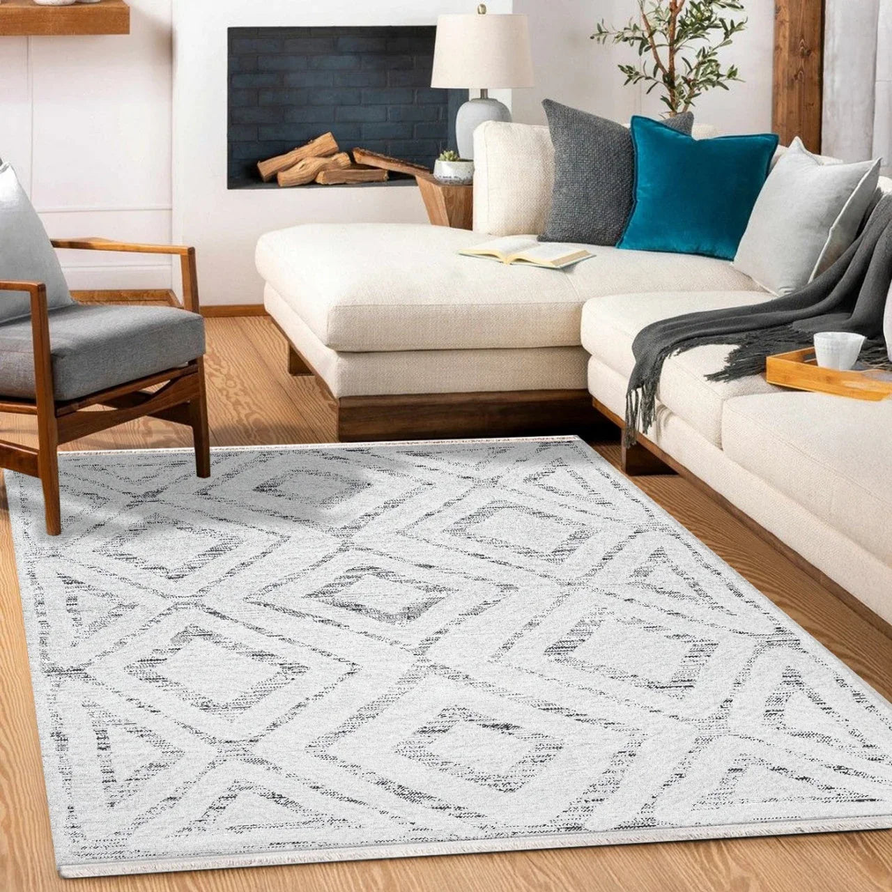 Bej Beyaz Baklava Geometrik Halı - Yıkanabilir - Kaymaz Taban - Pati Dostu