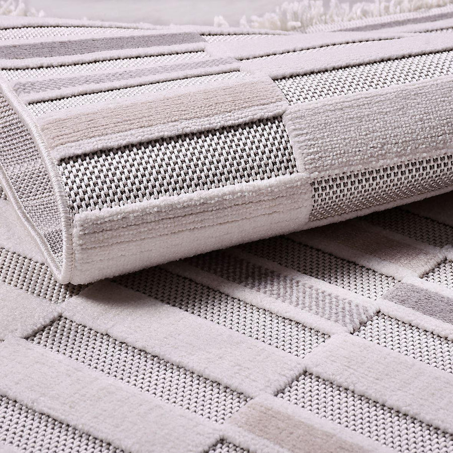 Modern Beyaz Detaylı Geometrik Desenli Gri Salon Halısı Evcil Hayvan Dostu – Koridor kullanımı
