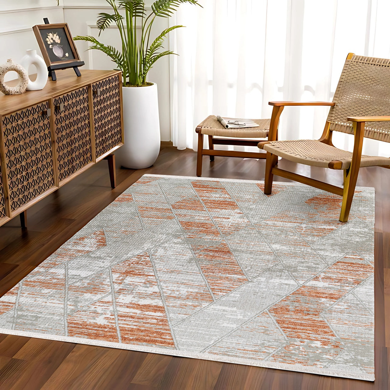 Bej Blok Desenli Bohem Halı - Yıkanabilir - Kaymaz Taban - Pati Dostu