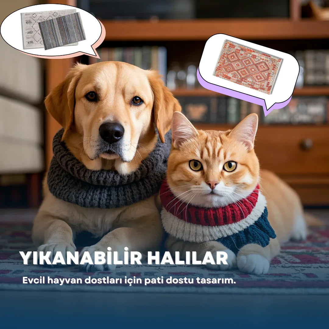 Beyaz Eğlenceli Tasarım Modern Halı - Yıkanabilir - Kaymaz Taban - Pati Dostu