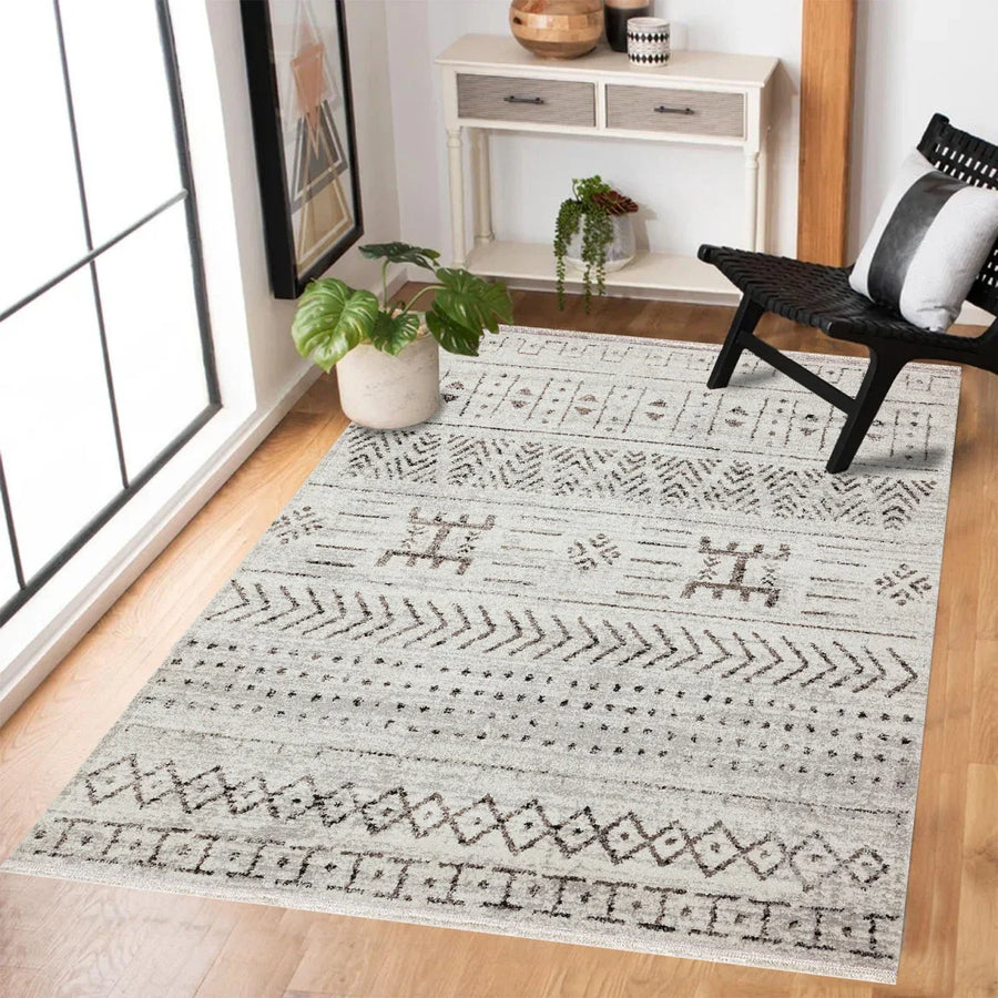 Bej Krem Etnik Geometrik Halı - Yıkanabilir - Kaymaz Taban - Pati Dostu