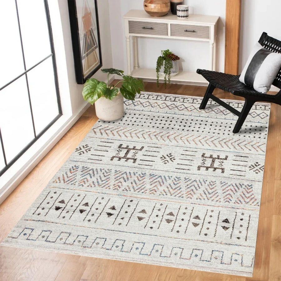 Gri Krem Etnik Geometrik Halı - Yıkanabilir - Kaymaz Taban - Pati Dostu