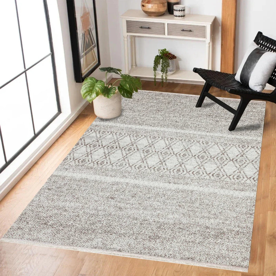 Gri Krem Etnik Modern Halı - Yıkanabilir - Kaymaz Taban - Pati Dostu
