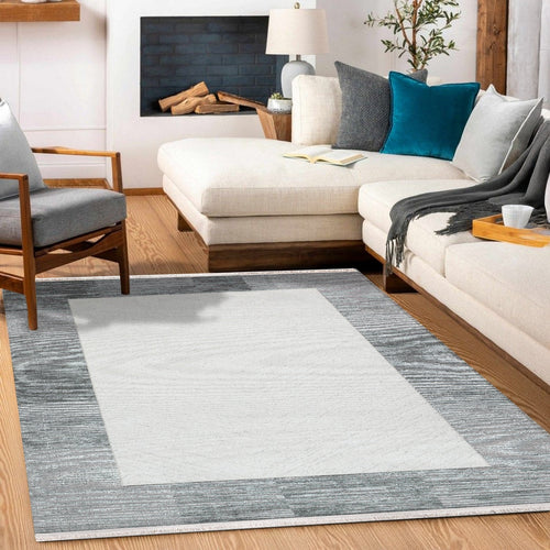 Gri Çerçeveli Modern Etnik Desenli Halı  | Makinada Yıkanabilir | Hav Toz Vermez | Leke Tutmayan | Kaymaz Taban | Dijital Makine Baskı | Salon Yolluk Mutfak Halısı