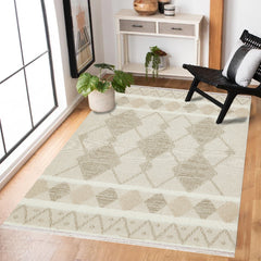 Krem Geometrik Modern Etnik Desenli Halı  | Makinada Yıkanabilir | Hav Toz Vermez | Leke Tutmayan | Kaymaz Taban | Dijital Makine Baskı | Salon Yolluk Mutfak Halısı