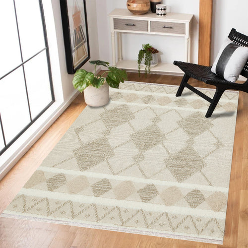 Krem Geometrik Modern Etnik Desenli Halı  | Makinada Yıkanabilir | Hav Toz Vermez | Leke Tutmayan | Kaymaz Taban | Dijital Makine Baskı | Salon Yolluk Mutfak Halısı