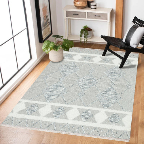 Mavi Geometrik Modern Etnik Desenli Halı  | Makinada Yıkanabilir | Hav Toz Vermez | Leke Tutmayan | Kaymaz Taban | Dijital Makine Baskı | Salon Yolluk Mutfak Halısı