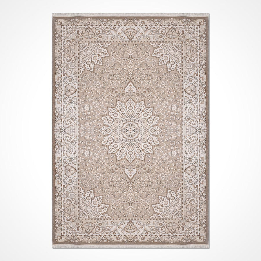 Bej Bordürlü Geleneksel Stil Triko Halı - Pati Dostu - Toz Vermez