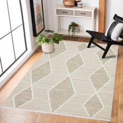 Krem Geometrik Modern Etnik Desenli Halı  | Makinada Yıkanabilir | Hav Toz Vermez | Leke Tutmayan | Kaymaz Taban | Dijital Makine Baskı | Salon Yolluk Mutfak Halısı