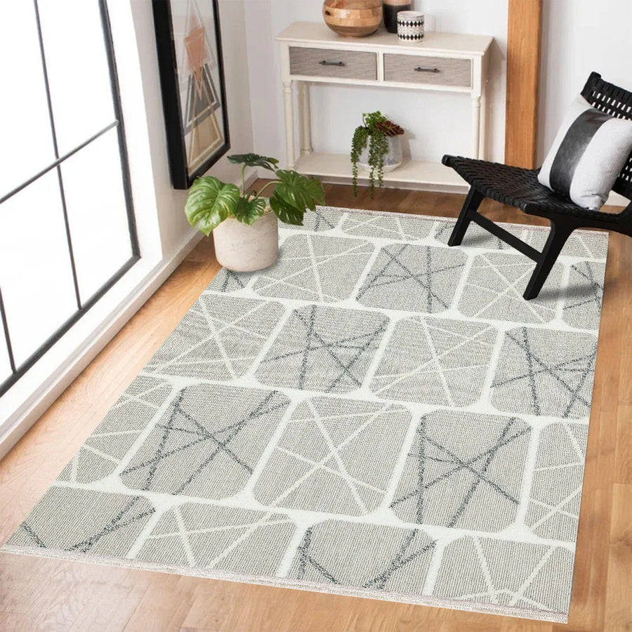 Beyaz Gri Geometrik Modern Halı - Yıkanabilir - Kaymaz Taban - Pati Dostu