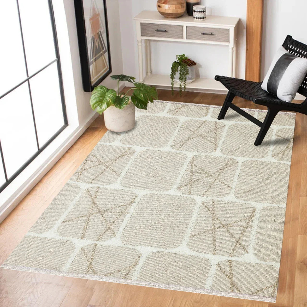 Bej Krem Geometrik Modern Halı - Yıkanabilir - Kaymaz Taban - Pati Dostu