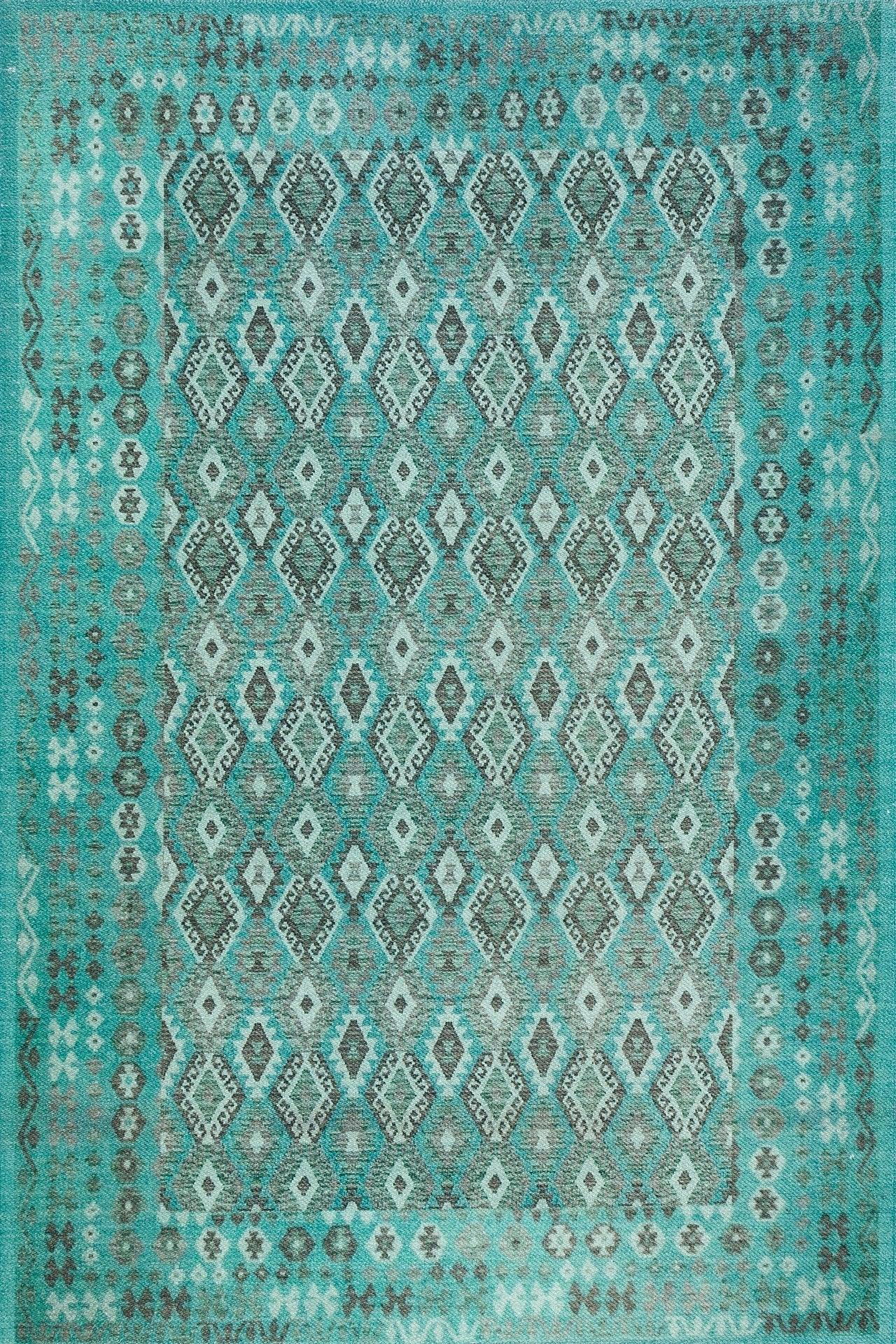 Mavi Etnik Geometrik Halı - Yıkanabilir - Kaymaz Taban - Pati Dostu