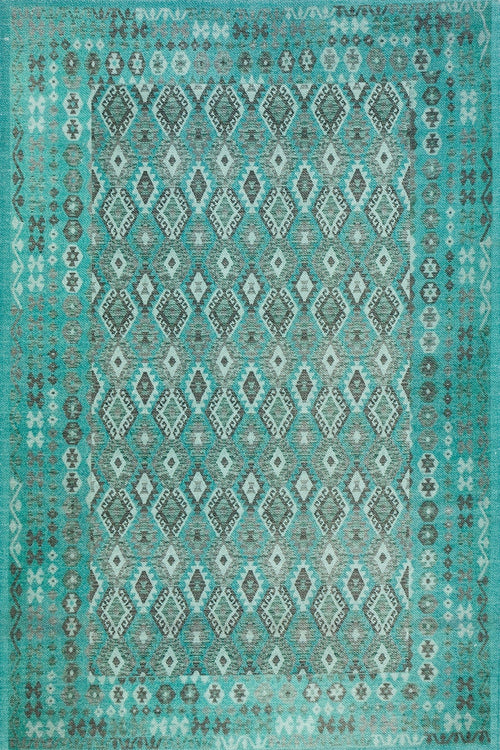 Turkuaz Etnik Modern Etnik Desenli Halı  | Makinada Yıkanabilir | Hav Toz Vermez | Leke Tutmayan | Kaymaz Taban | Dijital Makine Baskı | Salon Yolluk Mutfak Halısı