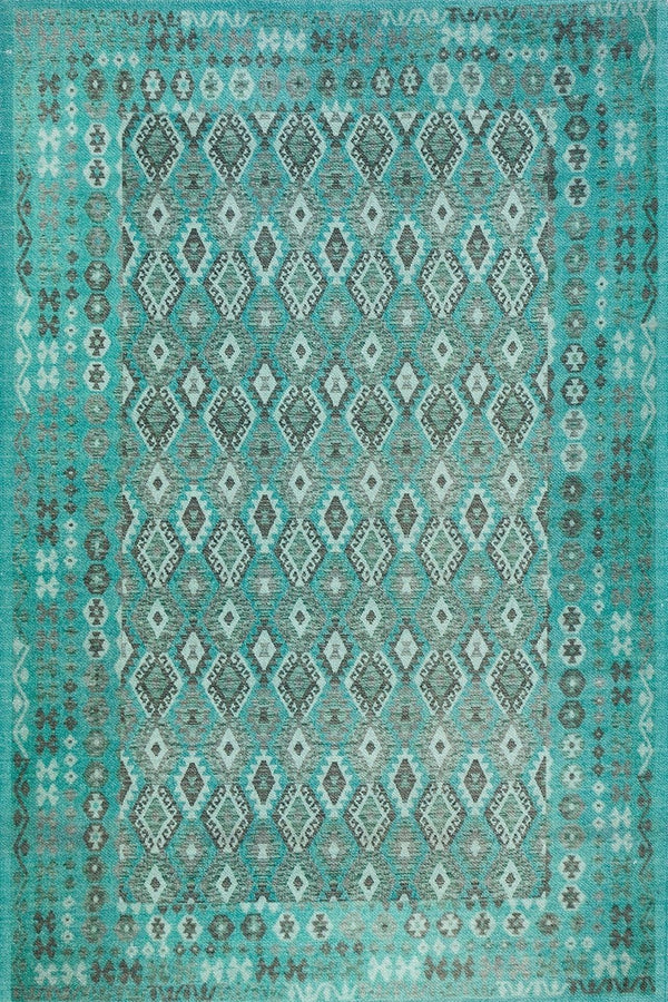 Mavi Etnik Geometrik Halı - Yıkanabilir - Kaymaz Taban - Pati Dostu