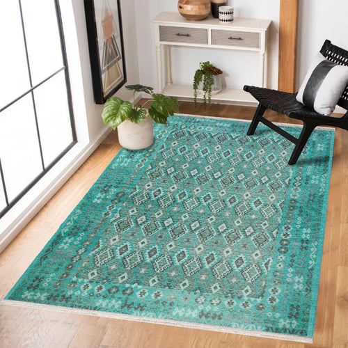 Turkuaz Etnik Modern Etnik Desenli Halı  | Makinada Yıkanabilir | Hav Toz Vermez | Leke Tutmayan | Kaymaz Taban | Dijital Makine Baskı | Salon Yolluk Mutfak Halısı