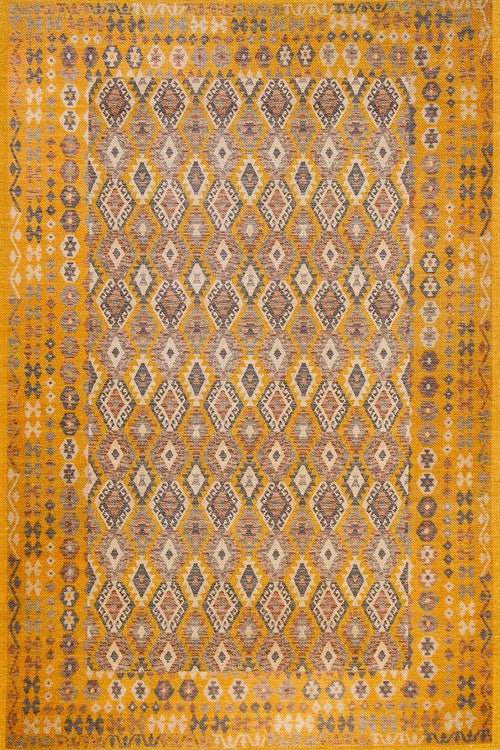 Sarı Etnik Modern Etnik Desenli Halı  | Makinada Yıkanabilir | Hav Toz Vermez | Leke Tutmayan | Kaymaz Taban | Dijital Makine Baskı | Salon Yolluk Mutfak Halısı