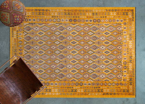 Sarı Etnik Modern Etnik Desenli Halı  | Makinada Yıkanabilir | Hav Toz Vermez | Leke Tutmayan | Kaymaz Taban | Dijital Makine Baskı | Salon Yolluk Mutfak Halısı