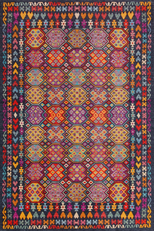 Koyu Mavi Etnik Modern Etnik Desenli Halı  | Makinada Yıkanabilir | Hav Toz Vermez | Leke Tutmayan | Kaymaz Taban | Dijital Makine Baskı | Salon Yolluk Mutfak Halısı