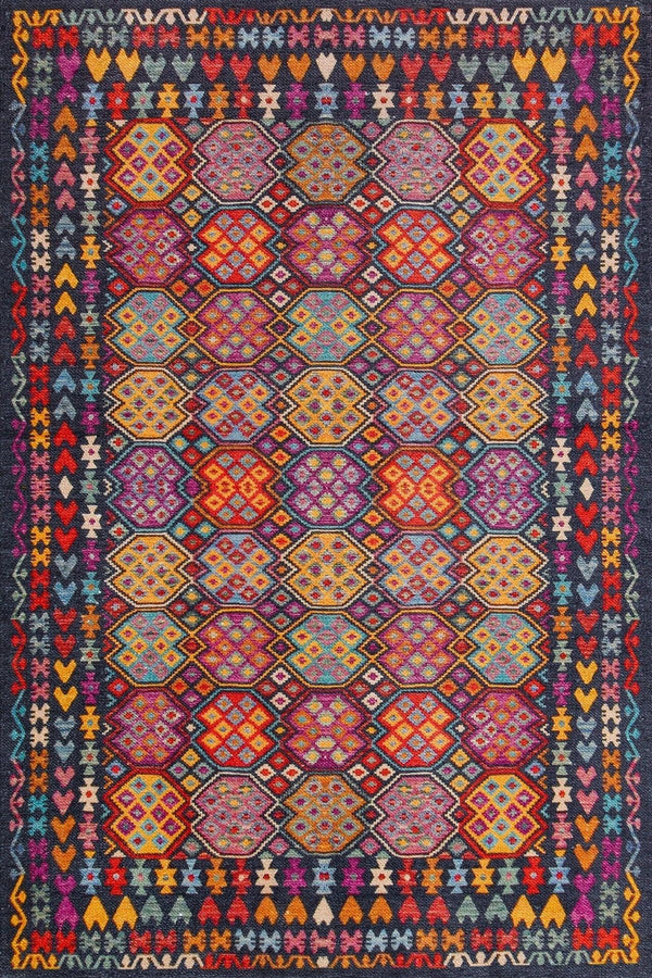 Renkli Etnik Geometrik Halı - Yıkanabilir - Kaymaz Taban - Pati Dostu