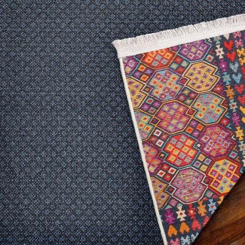 Koyu Mavi Etnik Modern Etnik Desenli Halı  | Makinada Yıkanabilir | Hav Toz Vermez | Leke Tutmayan | Kaymaz Taban | Dijital Makine Baskı | Salon Yolluk Mutfak Halısı