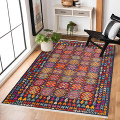 Koyu Mavi Etnik Modern Etnik Desenli Halı  | Makinada Yıkanabilir | Hav Toz Vermez | Leke Tutmayan | Kaymaz Taban | Dijital Makine Baskı | Salon Yolluk Mutfak Halısı