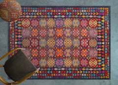 Koyu Mavi Etnik Modern Etnik Desenli Halı  | Makinada Yıkanabilir | Hav Toz Vermez | Leke Tutmayan | Kaymaz Taban | Dijital Makine Baskı | Salon Yolluk Mutfak Halısı