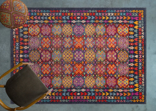 Koyu Mavi Etnik Modern Etnik Desenli Halı  | Makinada Yıkanabilir | Hav Toz Vermez | Leke Tutmayan | Kaymaz Taban | Dijital Makine Baskı | Salon Yolluk Mutfak Halısı