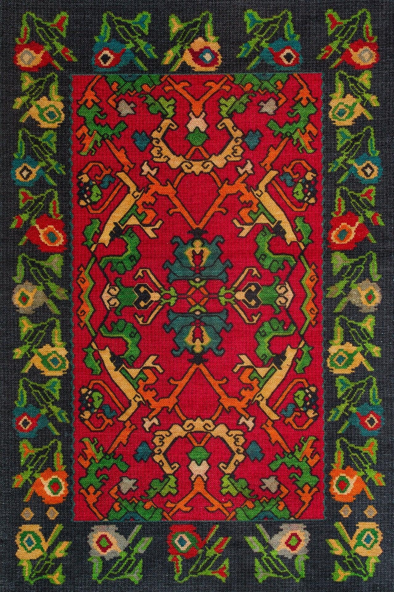 Kırmızı Siyah Etnik Modern Halı - Yıkanabilir - Kaymaz Taban - Pati Dostu