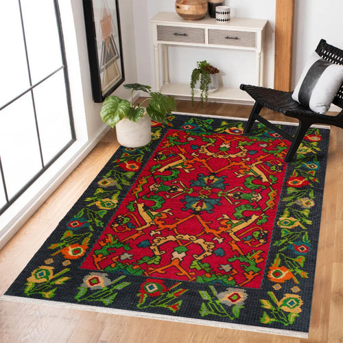 Kırmızı Etnik Modern Etnik Desenli Halı  | Makinada Yıkanabilir | Hav Toz Vermez | Leke Tutmayan | Kaymaz Taban | Dijital Makine Baskı | Salon Yolluk Mutfak Halısı