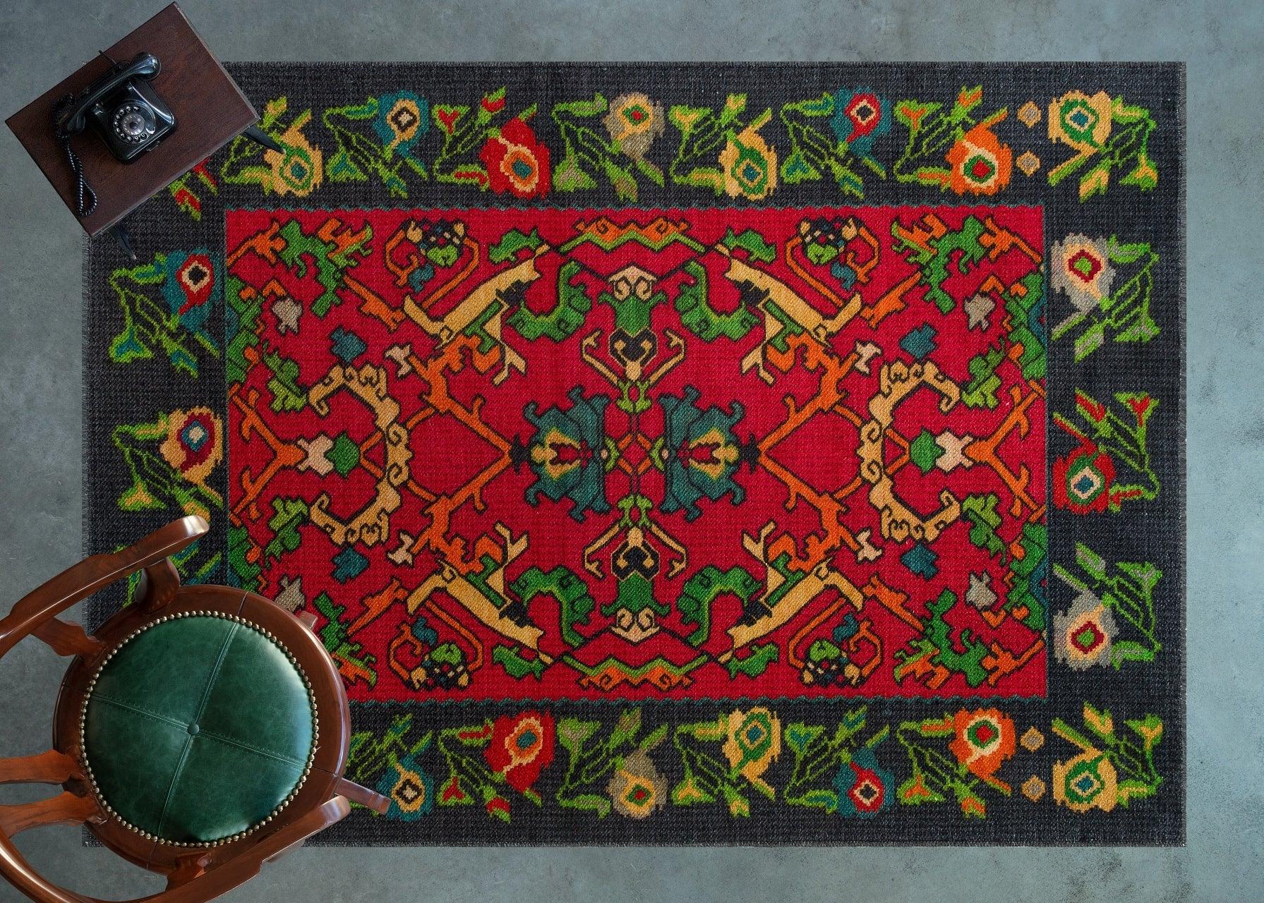Kırmızı Siyah Etnik Modern Halı - Yıkanabilir - Kaymaz Taban - Pati Dostu